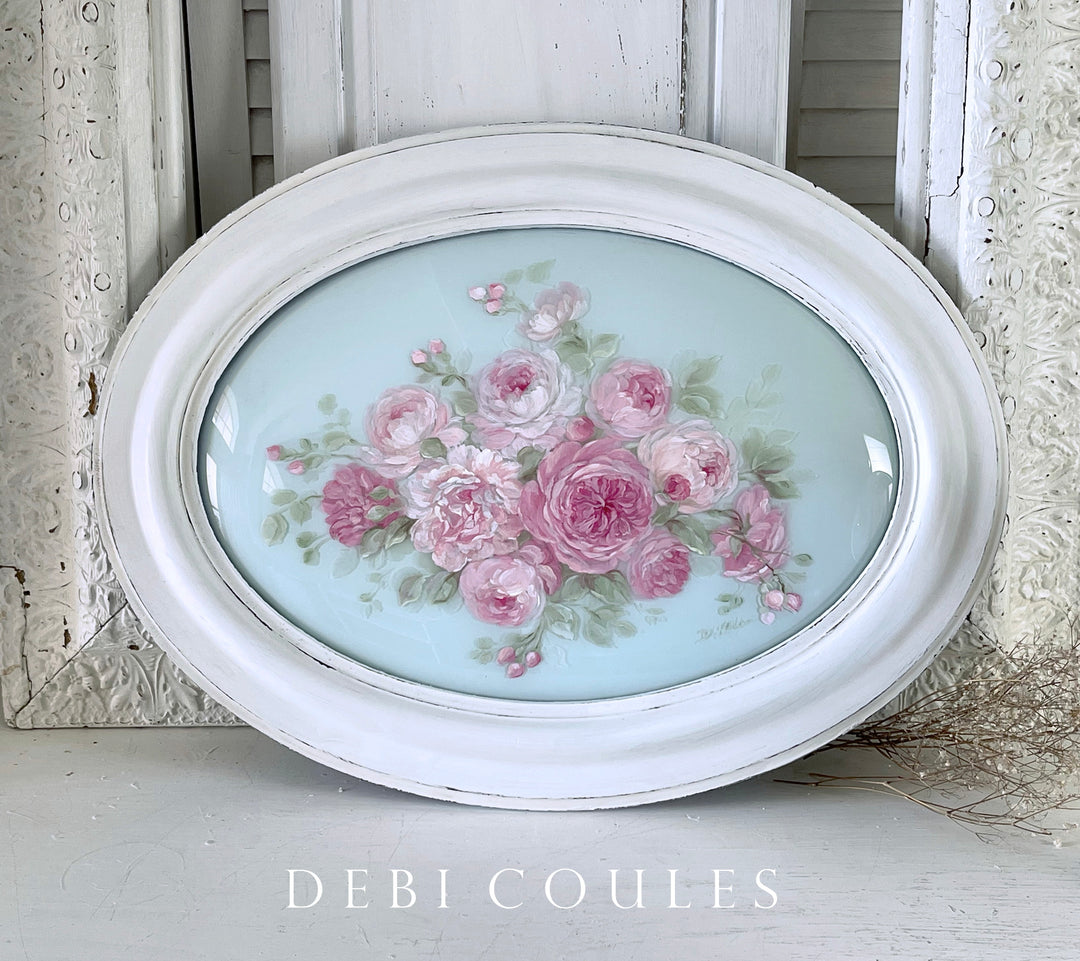 Shabby Chic Antique Roses Wood Framed Original Painting On Convex Glass by Debi Coules