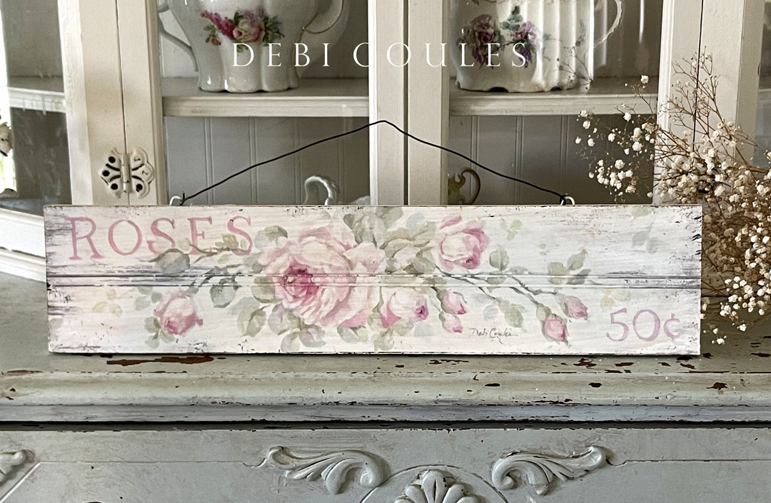 Shabby Chic Vintage Wooden Sign Print with Pink Roses and wire hanger by Debi Coules