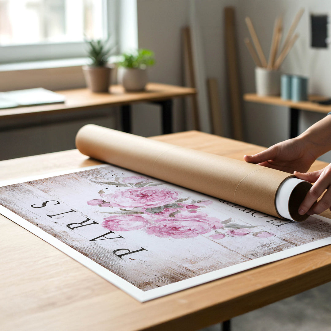 A person rolling up an unstretched canvas print of shabby-chic cottage sign with pink peonies to place in a cardboard mailing tube.