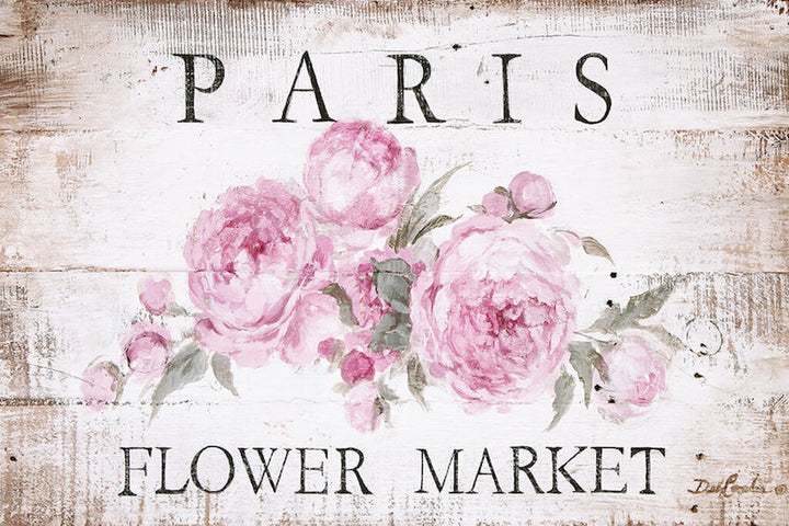 Decorative cottage sign titled 'Paris Flower Market' featuring a wooden background and a pink peony design with pink peonies and green leaves.