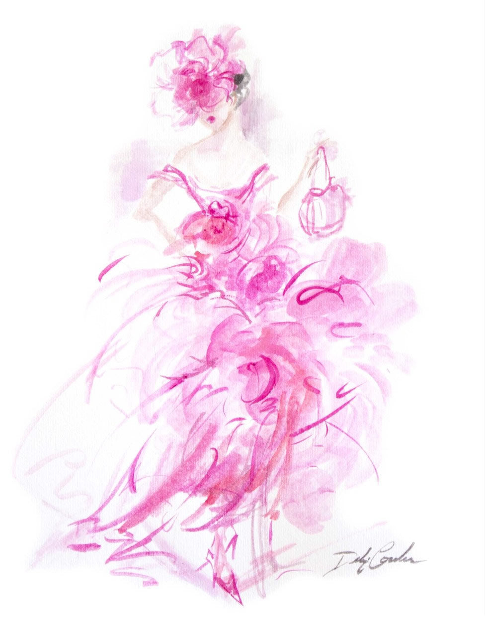 A abstract canvas print featuring a sketched, pink-colored floral dress on a woman, with a large pink flower as a headpiece.

