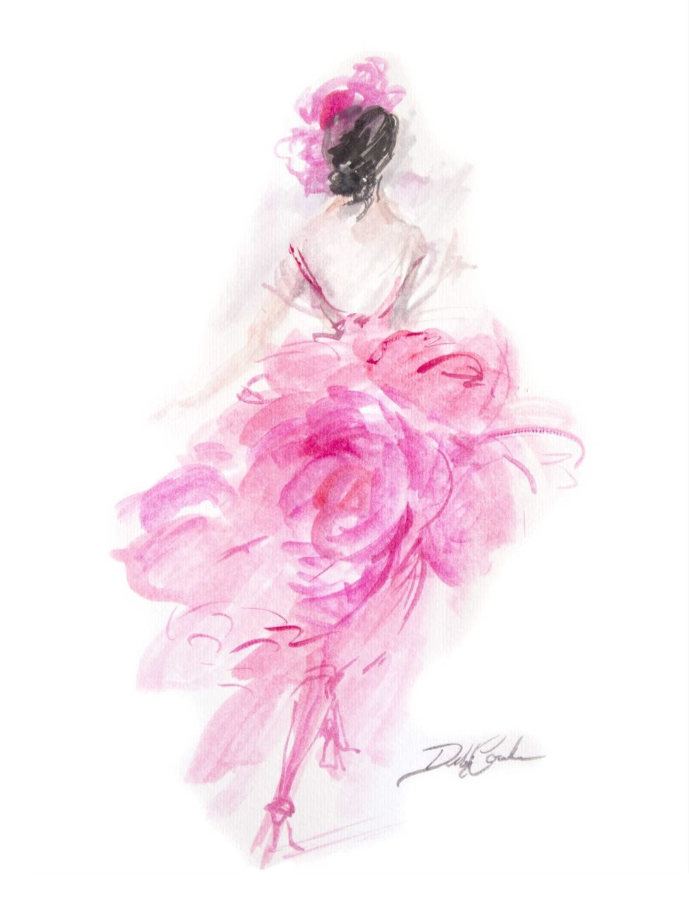 Abstract fashion illustration of a French model in pink stilettoes, and a puffy pink haute couture gown.