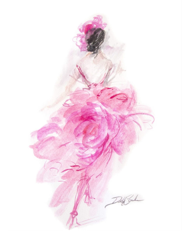Abstract fashion illustration of a French model in pink stilettoes, and a puffy pink haute couture gown.