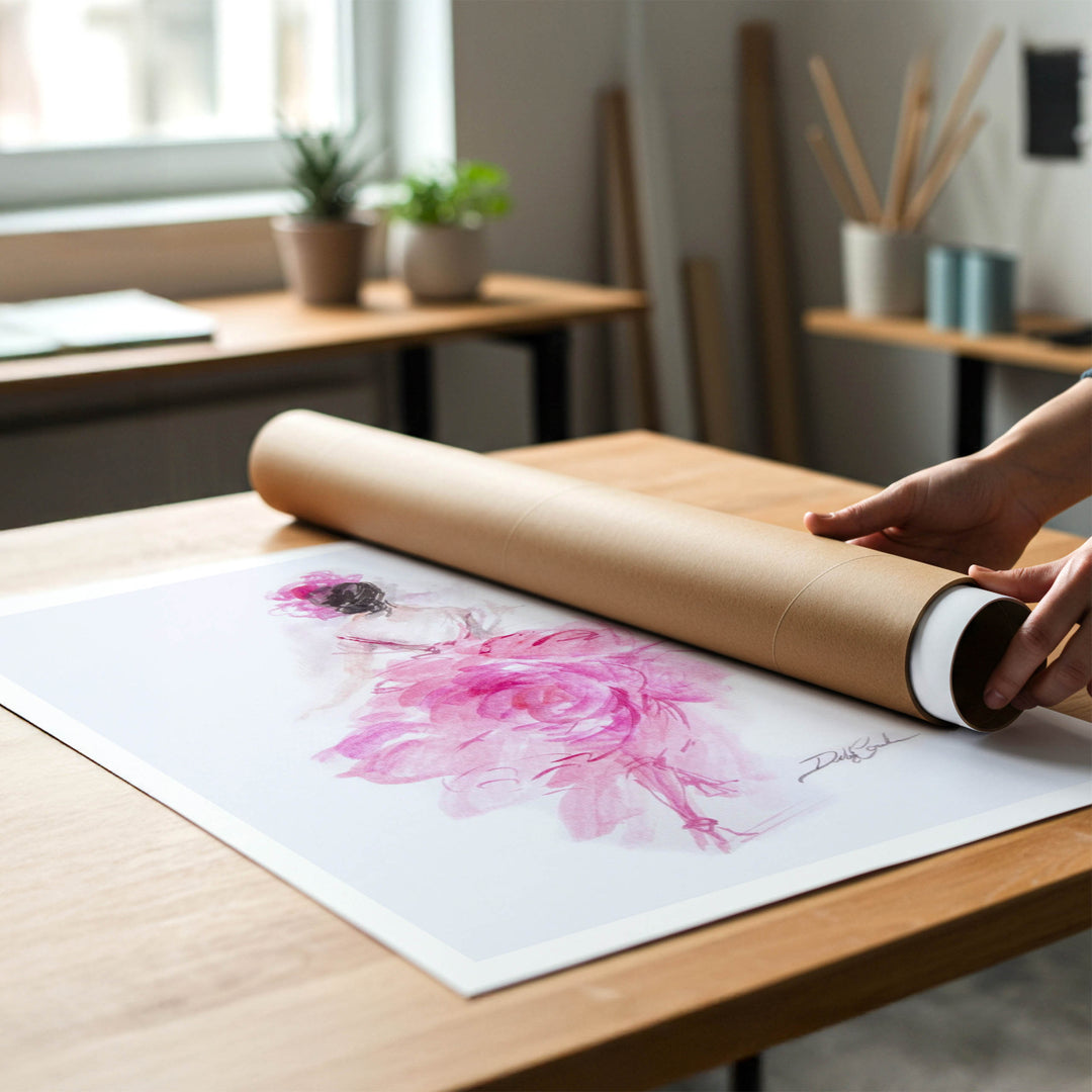 Person rolling a shabby-chic fine art print of a fashion painting to place in a cardboard mailing tube.