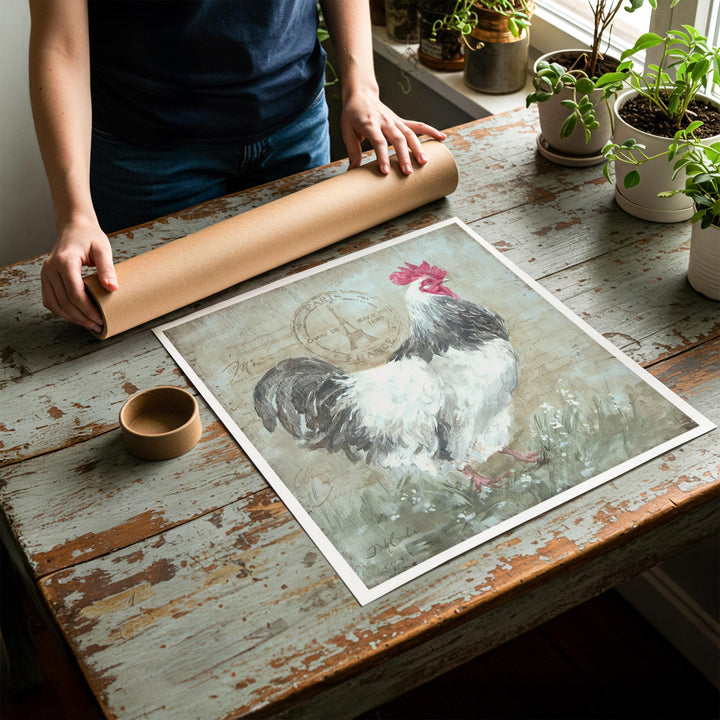 Person rolling up an unstretched canvas print of shabby chic rooster artwork to be placed in a cardboard mailing tube