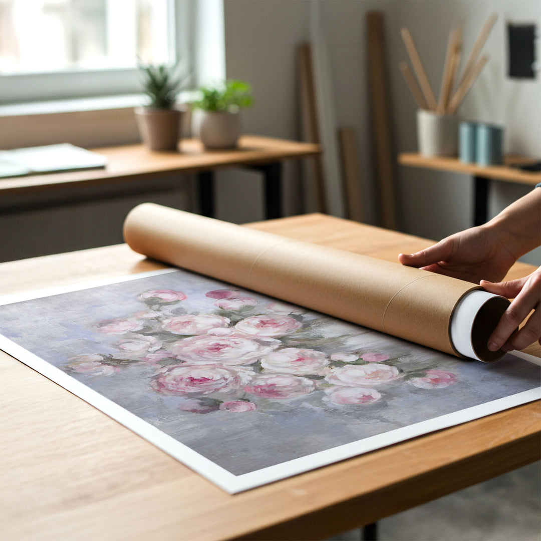Person rolling up a canvas print of shabby-chic artwork of peonies to put in a cardboard mailing tube.