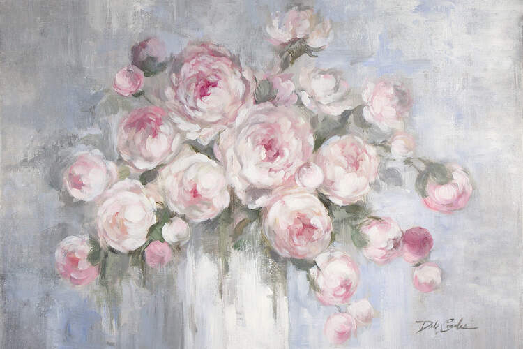 Painting of pink roses in a vase on a gray-blue background in a shabby-chic subtly distressed style.