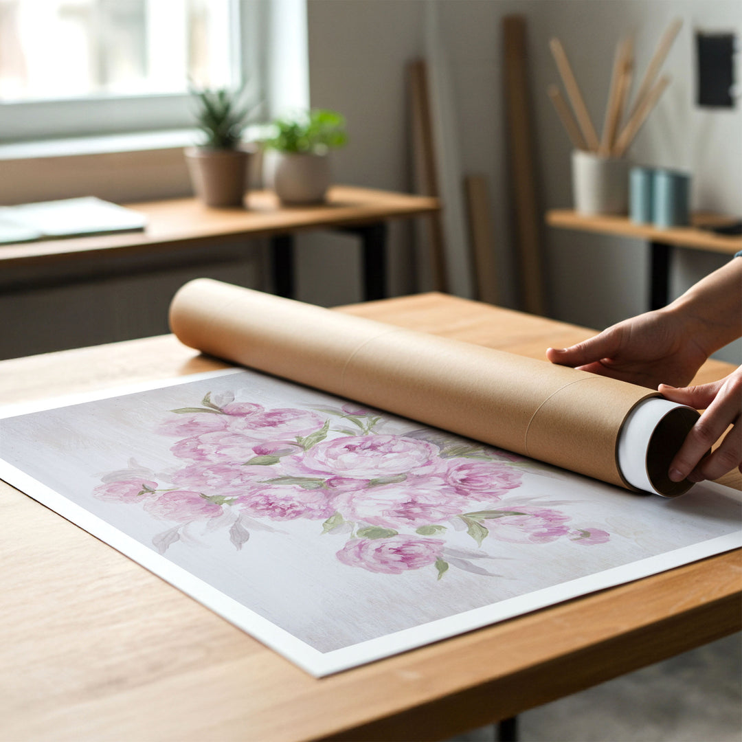 Person rolling up a canvas print of shabby-chic pink peonies to put in a cardboard mailing tube.