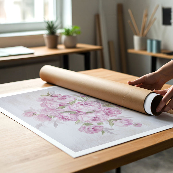 Person rolling up a canvas print of shabby-chic pink peonies to put in a cardboard mailing tube.