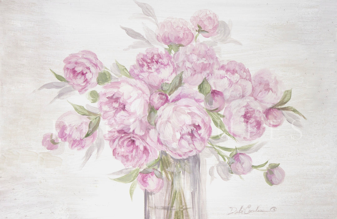 Artwork of large pink peony flowers in a clear vase on a lightly distressed background.
