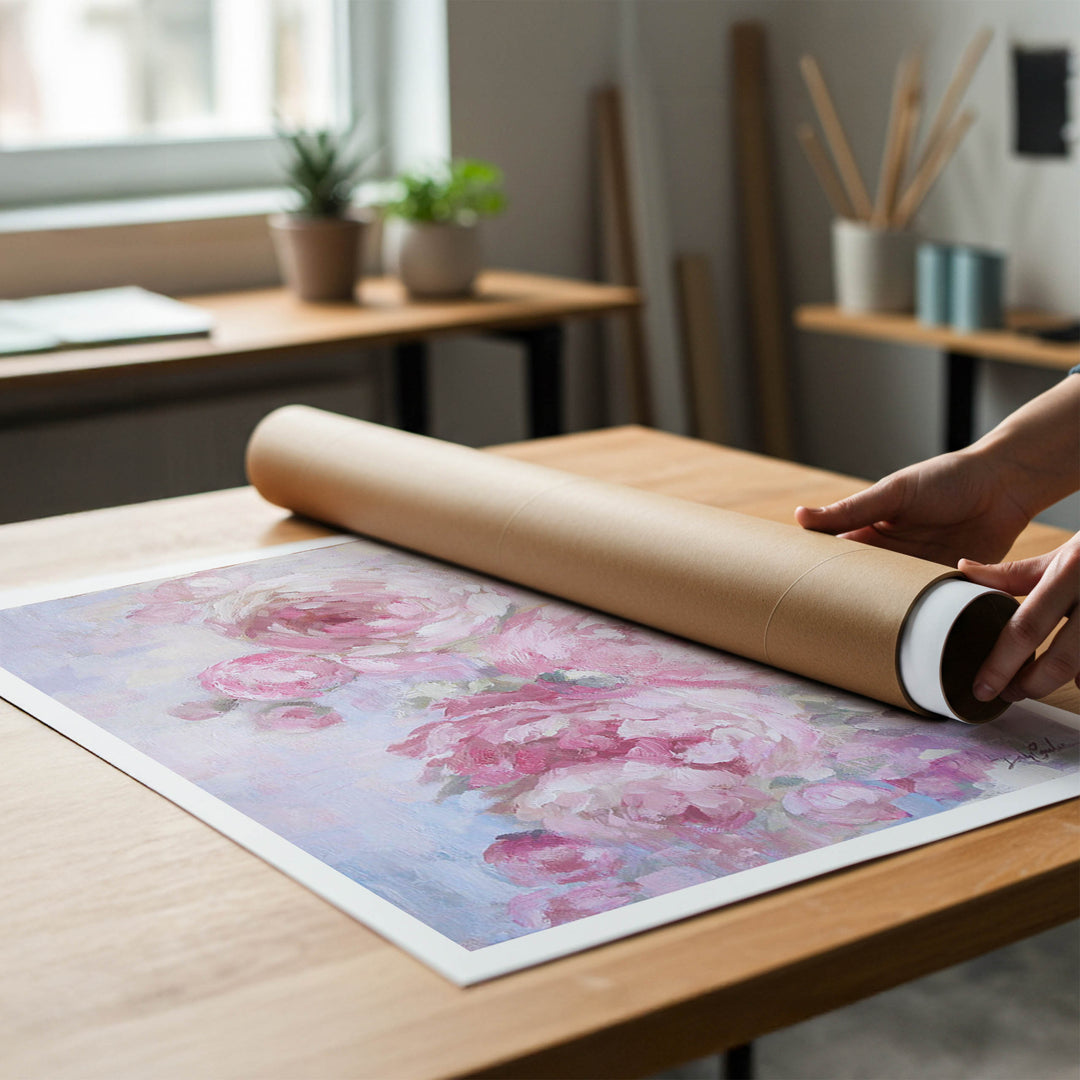 Person rolling a canvas print of shabby-chic pink peonies to put in a cardboard mailing tube.