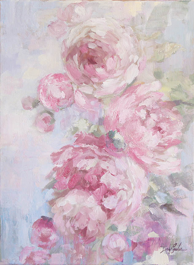 Impressionist artwork of pink peonies on a soft pastel background