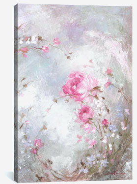 Canvas print with pink flowers and butterflies on a light background