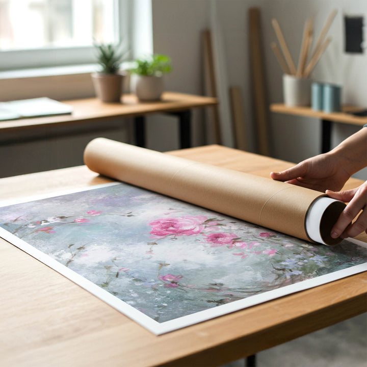 A person rolling up an unstretched canvas print of shabby-chic wild roses to place in a cardboard mailing tube.