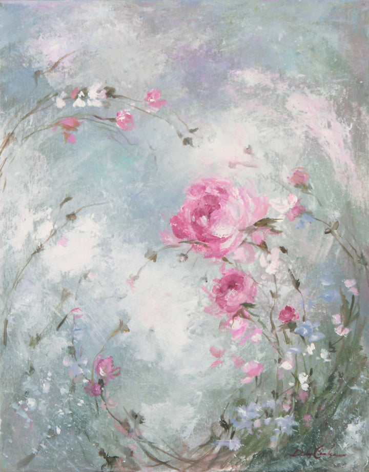 Painting of pink flowers and branches on a light blue background