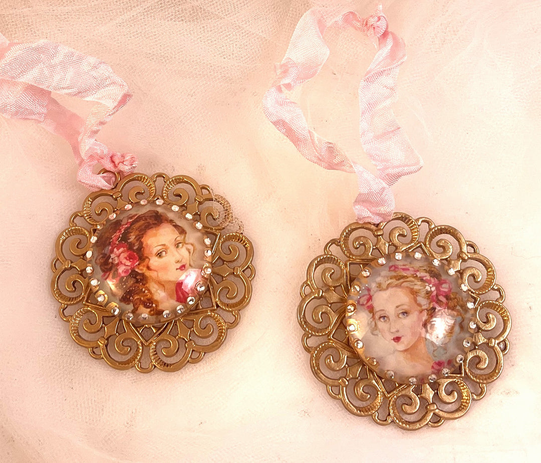 French Lady Cabochon Ornament Set with Gold Leaf and Swarovski Accents by Debi Coules