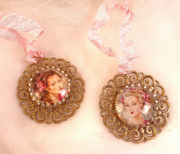 French Lady Cabochon Ornament Set with Gold Leaf and Swarovski Accents by Debi Coules