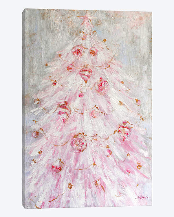 Decorative canvas print of a Christmas tree with pink ornaments on a textured background