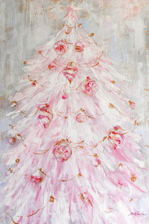 A pink christmas painting featuring a shabby-chic Christmas tree with white and pink branches, adorned with pink-swirled glass ornaments.