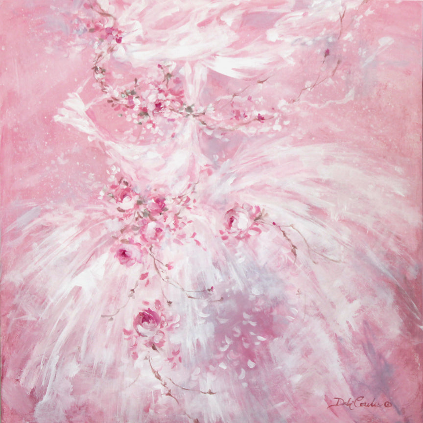 Painting with pink and white tutu wrapped in pink roses on a vibrant pink background.