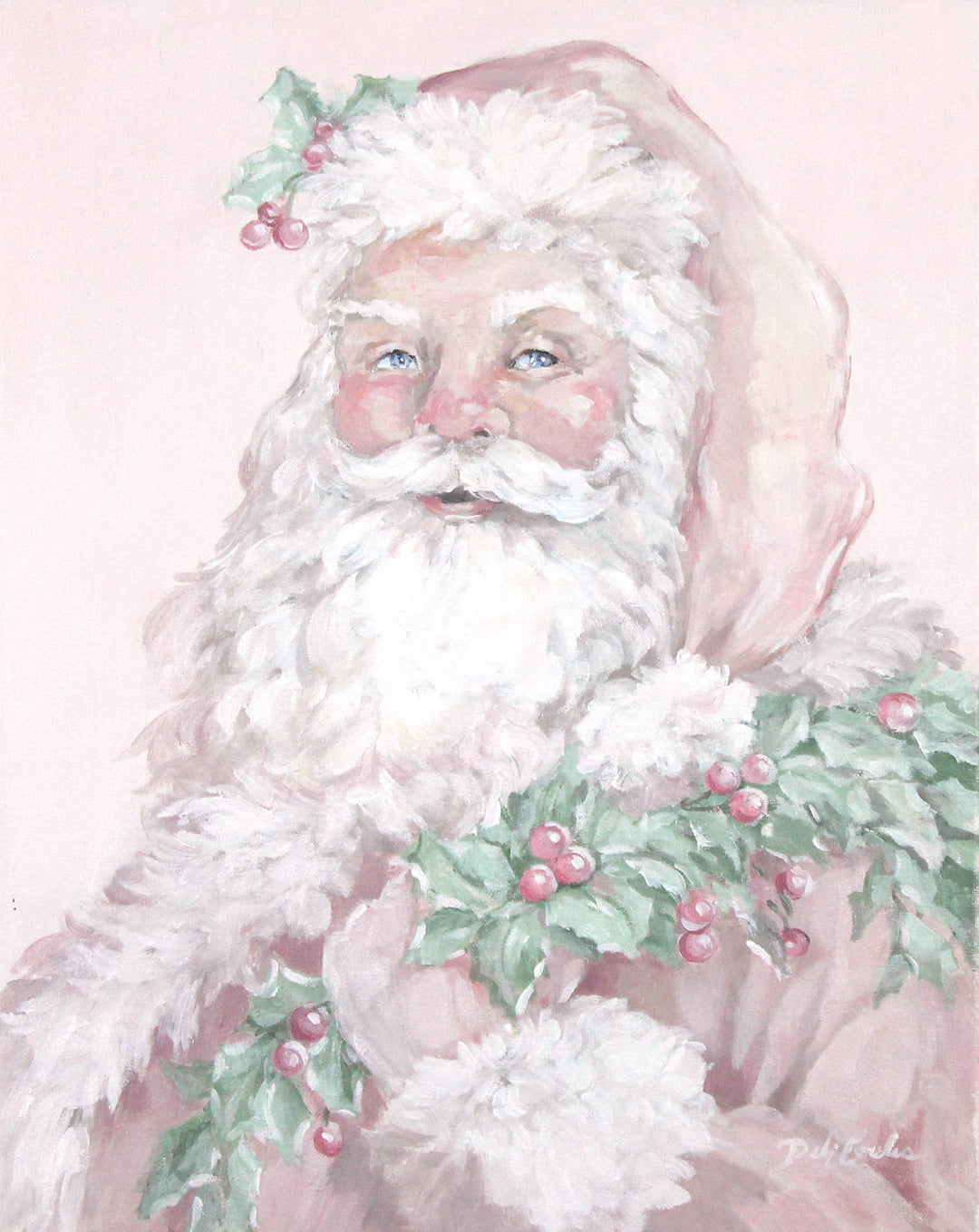 Pink holiday decor featuring a vintage-style Santa Claus wearing a pink suit and carrying a holly branch on a light pink background.