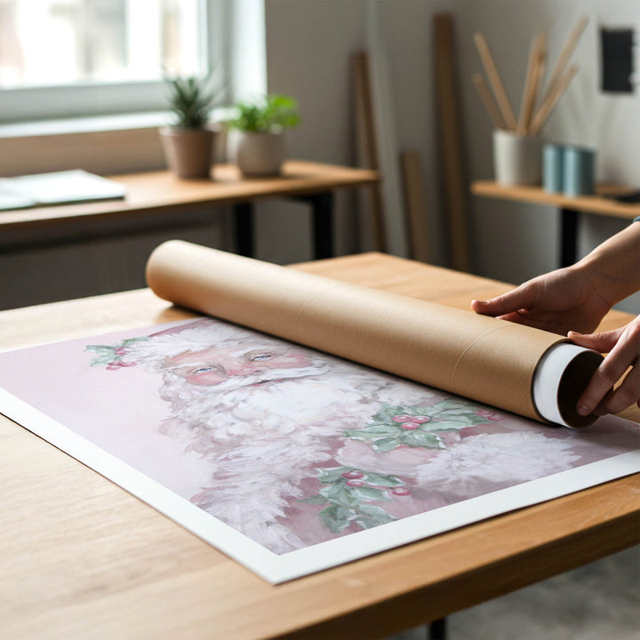 Person rolled an unstretched canvas print of a shabby-chic pink santa for pink holiday decor