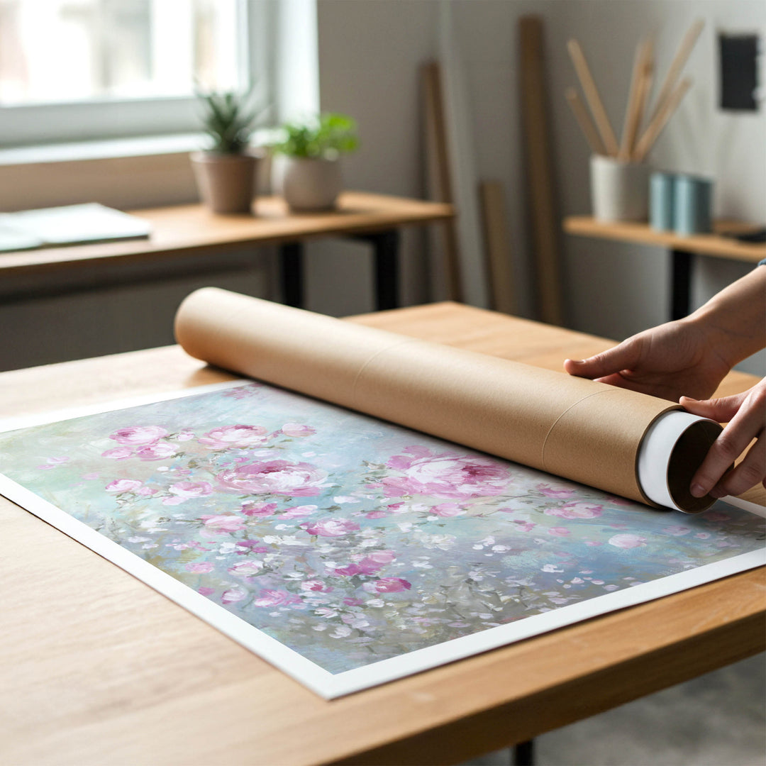 A person rolling up an unstretched canvas print of shabby-chic pink roses to place in a cardboard mailing tube.