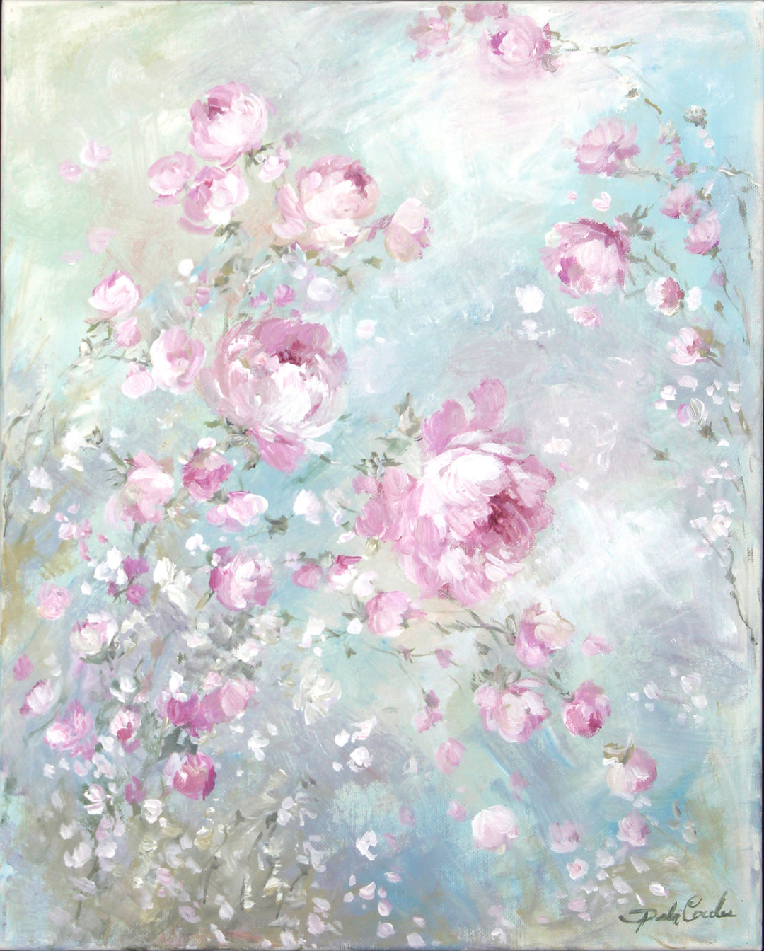 Floral painting with pink and white flowers on a light blue background