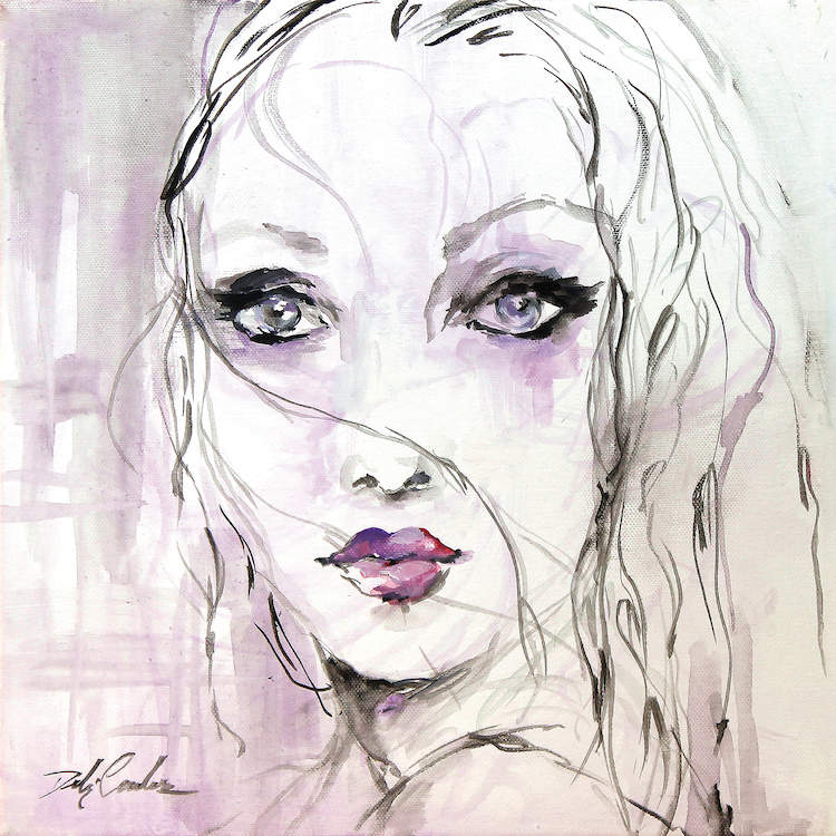 Artistic depiction of a woman's face with a stylized, artistic approach. The portrait is black and white with tones of purple.