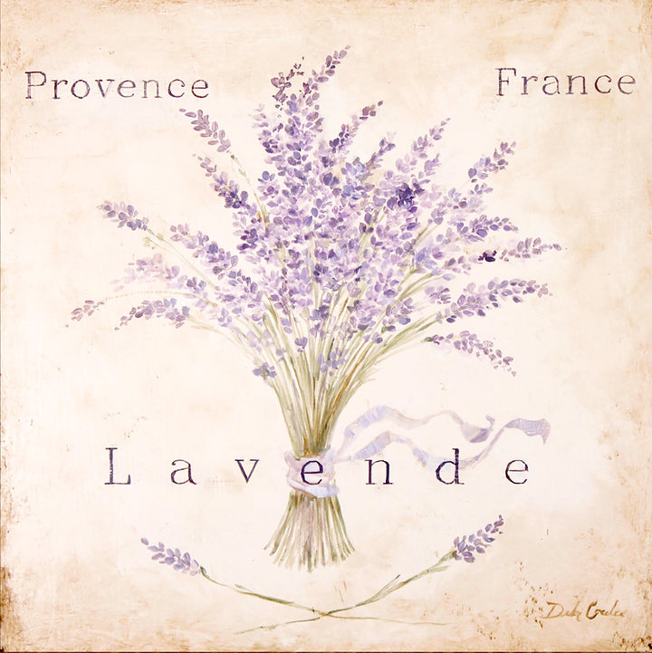 Vintage cottage sign of lavender with 'Provence France Lavende' text on a distressed, vintage beige background.
