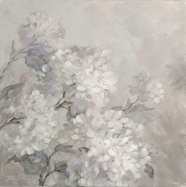 Original acrylic painting of pale blue hydrangea flowers in soft gray , cream and white tones