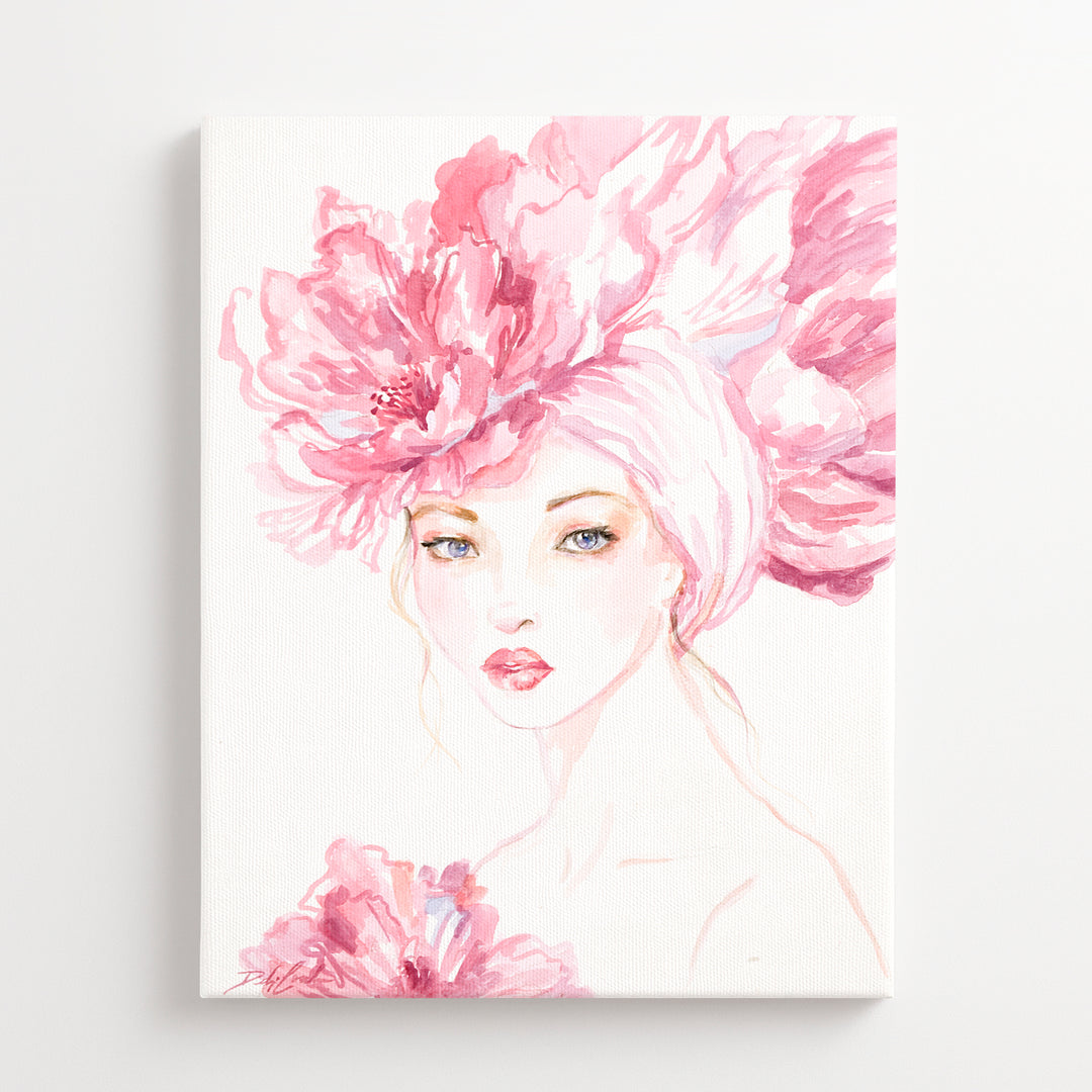 Artistic depiction of a woman's face with large pink flowers in her hair on a white background
