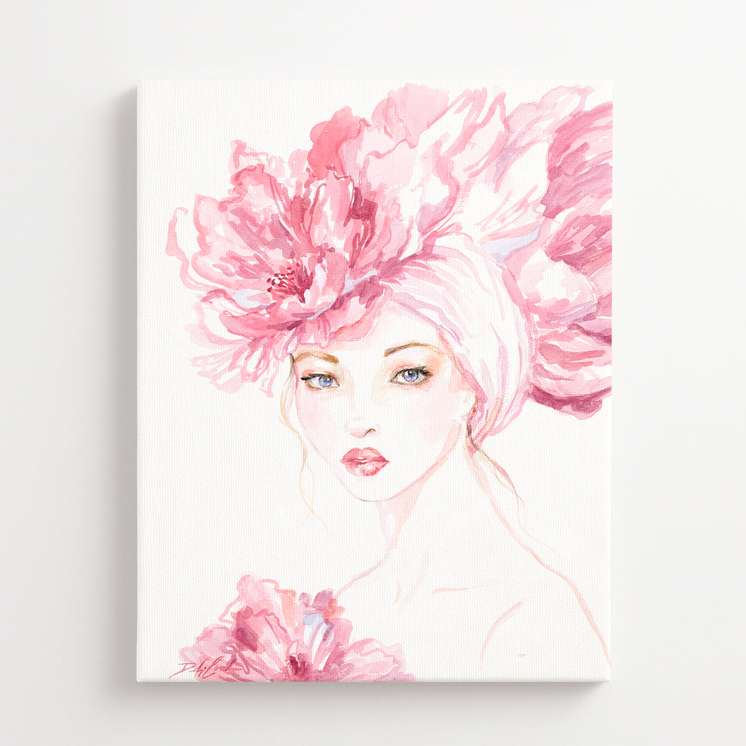 Artistic depiction of a woman's face with large pink flowers in her hair on a white background