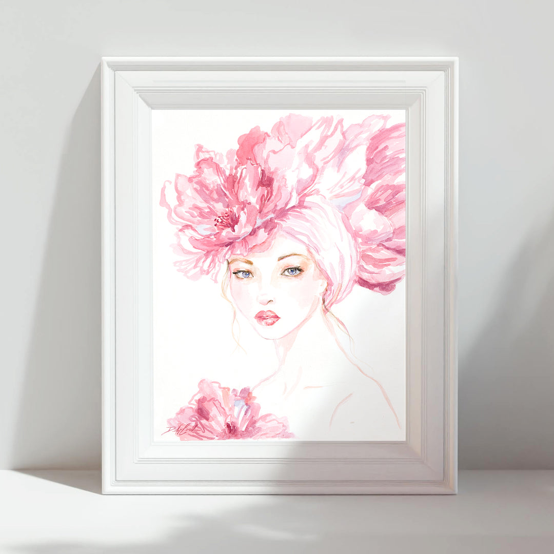 Framed artwork of a woman with pink floral headpiece on a white background
