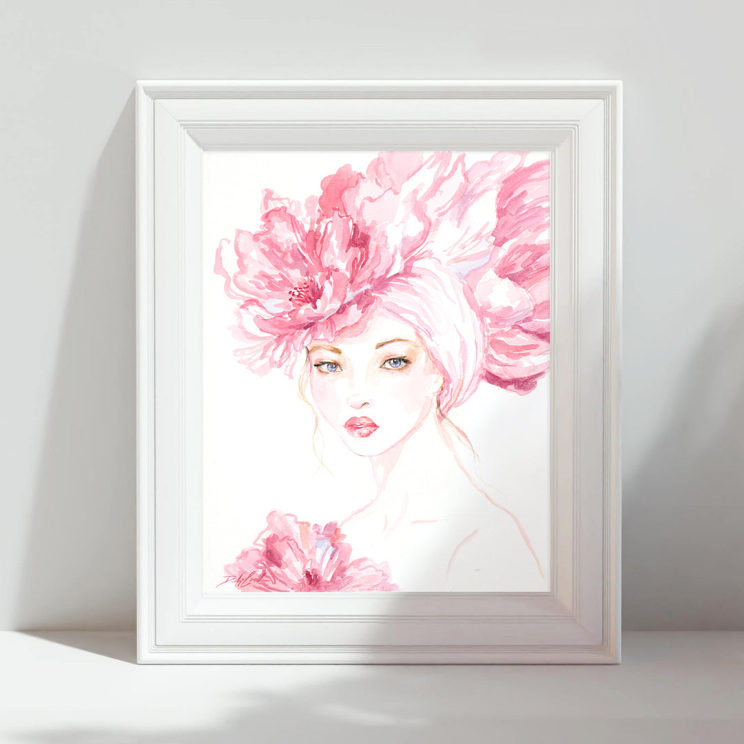 Framed artwork of a woman with pink floral headpiece on a white background
