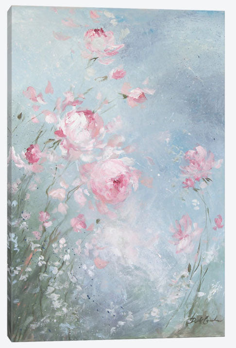 Canvas print of pink flowers on a light blue background