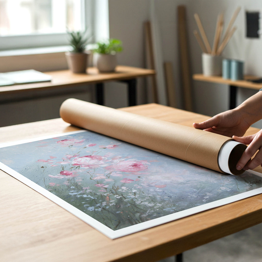 A person rolling up an unstretched canvas print of shabby-chic vibrant pink roses to place in a cardboard mailing tube.