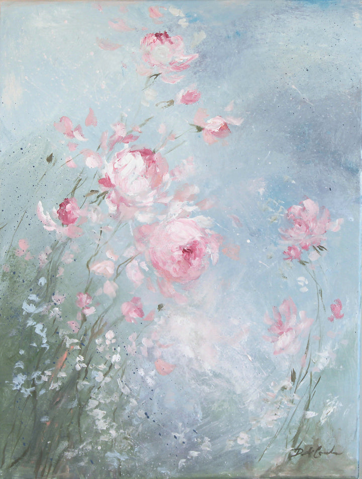 Painting of pink flowers on a light blue background