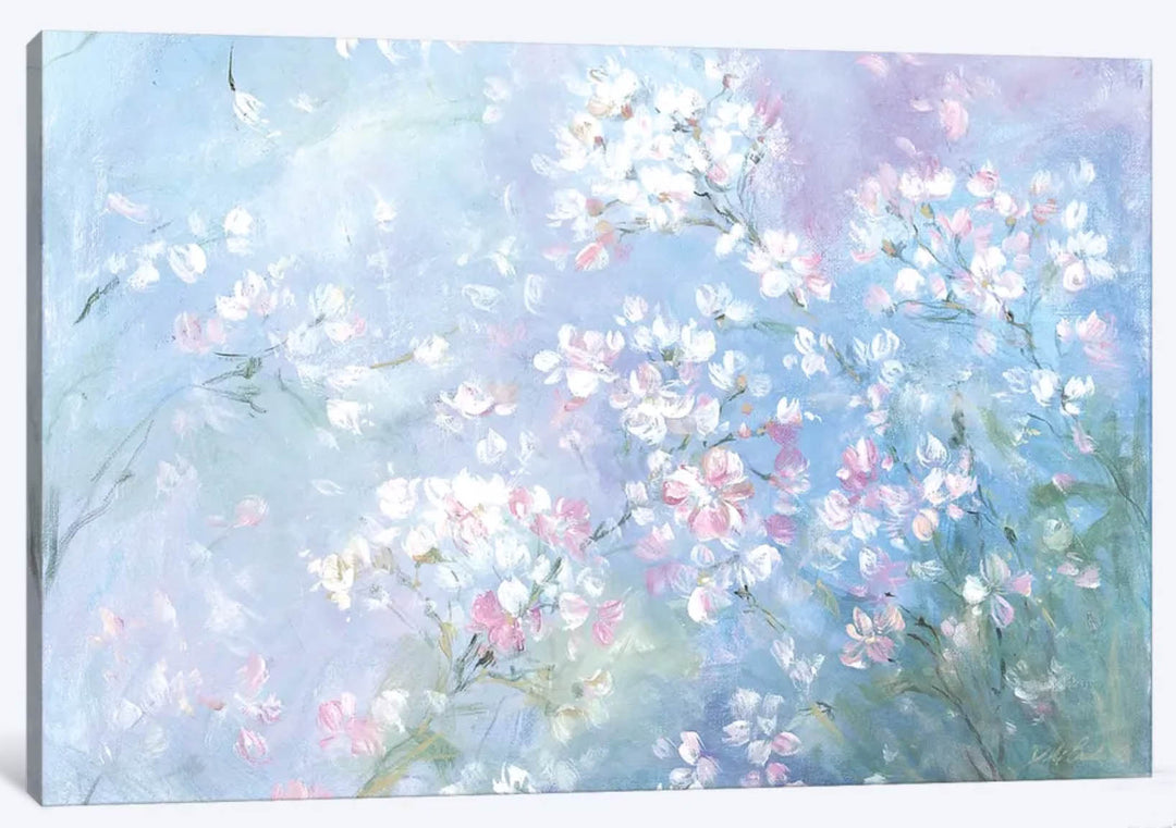 canvas print with white and pink flowers on a light blue pastel background