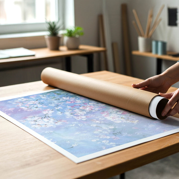 Person rolling a canvas print of shabby-chic wild roses to put in a cardboard mailing tube.