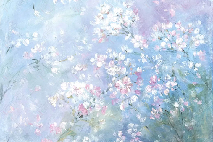 Pastel floral pattern of wild roses on a light blue background