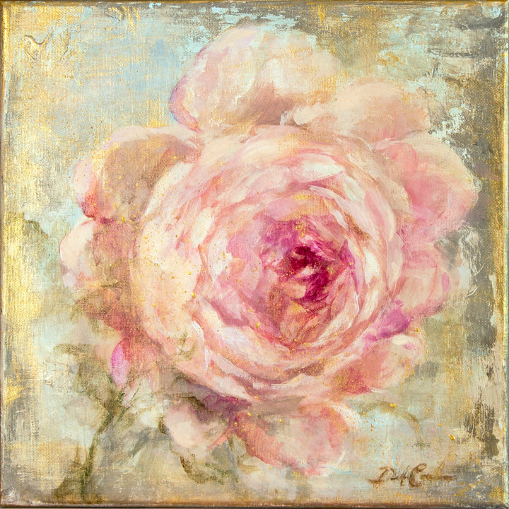 An antique style painting of a large pink rose heavily accented with gold paint.