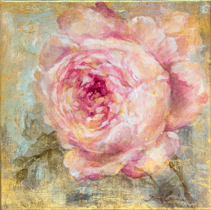 antique style rose painting covered with gold paint accents
