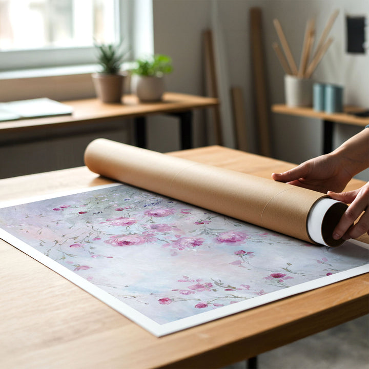 Person rolling up a canvas print of shabby-chic artwork of roses in a meadow to put in a cardboard mailing tube.