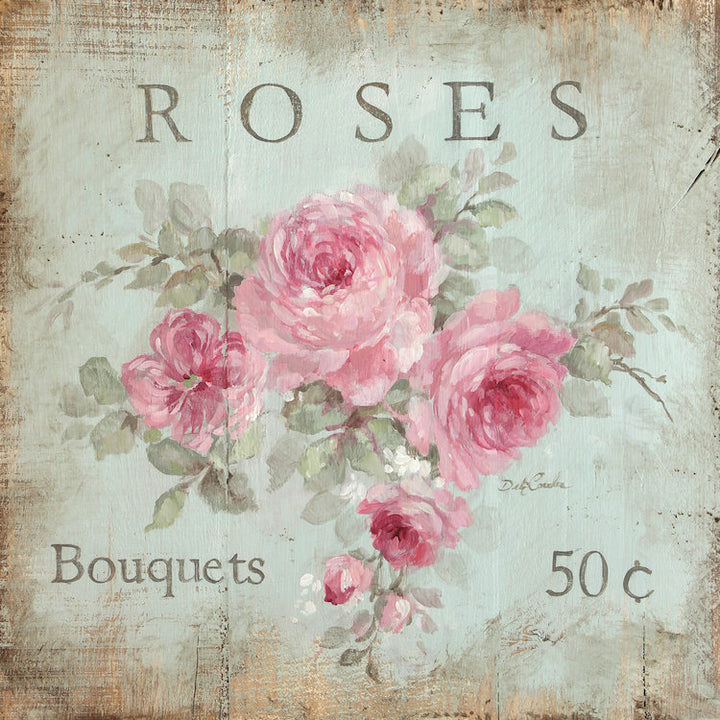 A canvas print titled 'Roses' featuring a vintage painted cottage sign advertising  of bouquet of pink roses with a price tag of 50 cents.