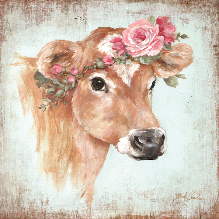 Painting of a brown dairy cow wearing a floral crown of roses on her head. The background is light blue over a distressed wood texture.
