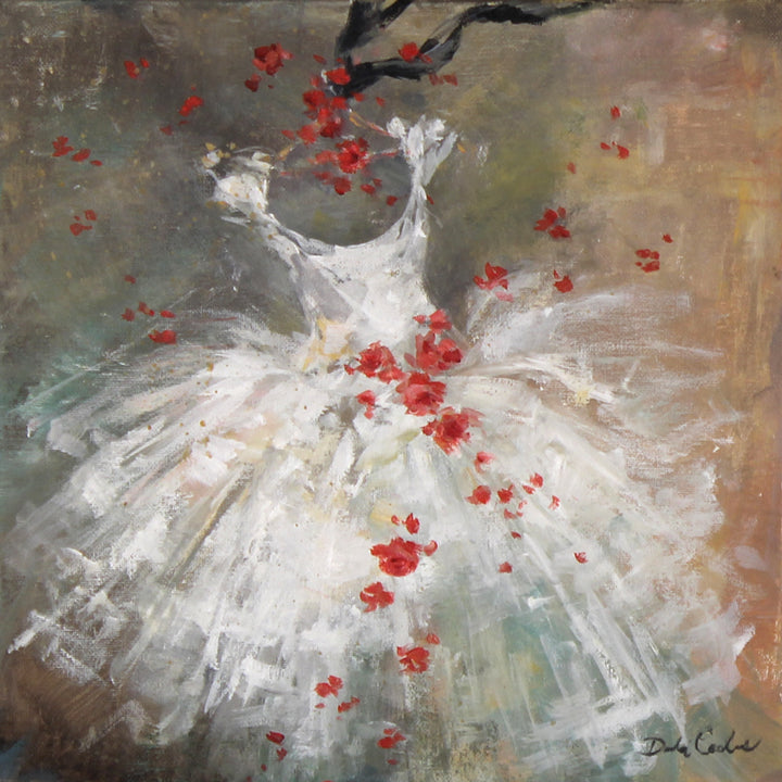Painting of a white tutu surrounded by falling red roses and petals on a dark textured background.