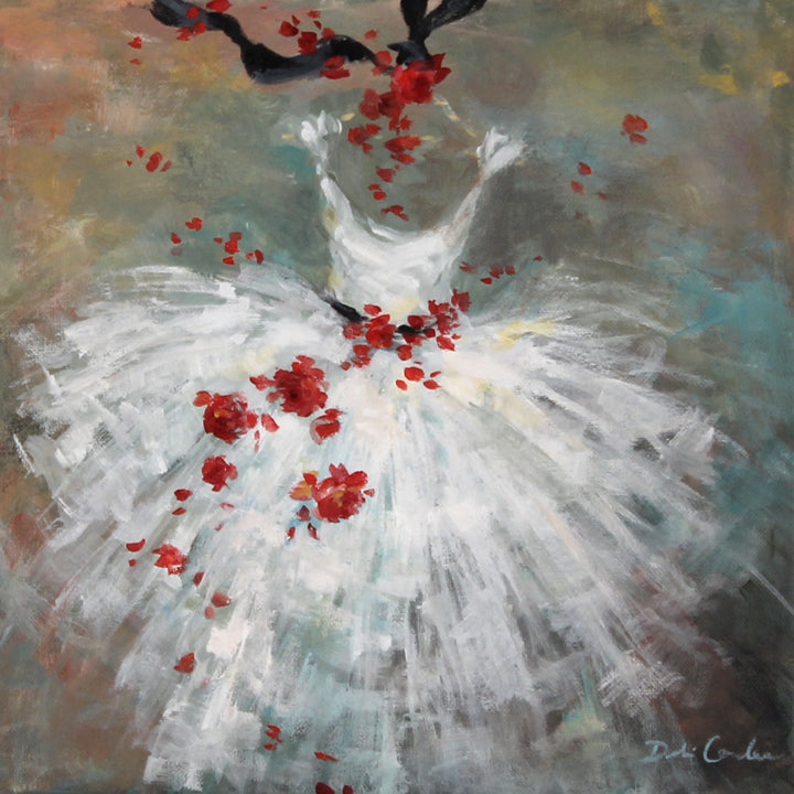 Painting of a white tutu surrounded by a shower of rouge red rose petals against a dark brown and blue background.
