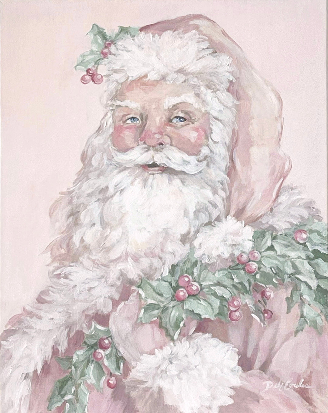 Shabby Chic Pink Christmas Santa With Holly Original Canvas Painting by Debi Coules