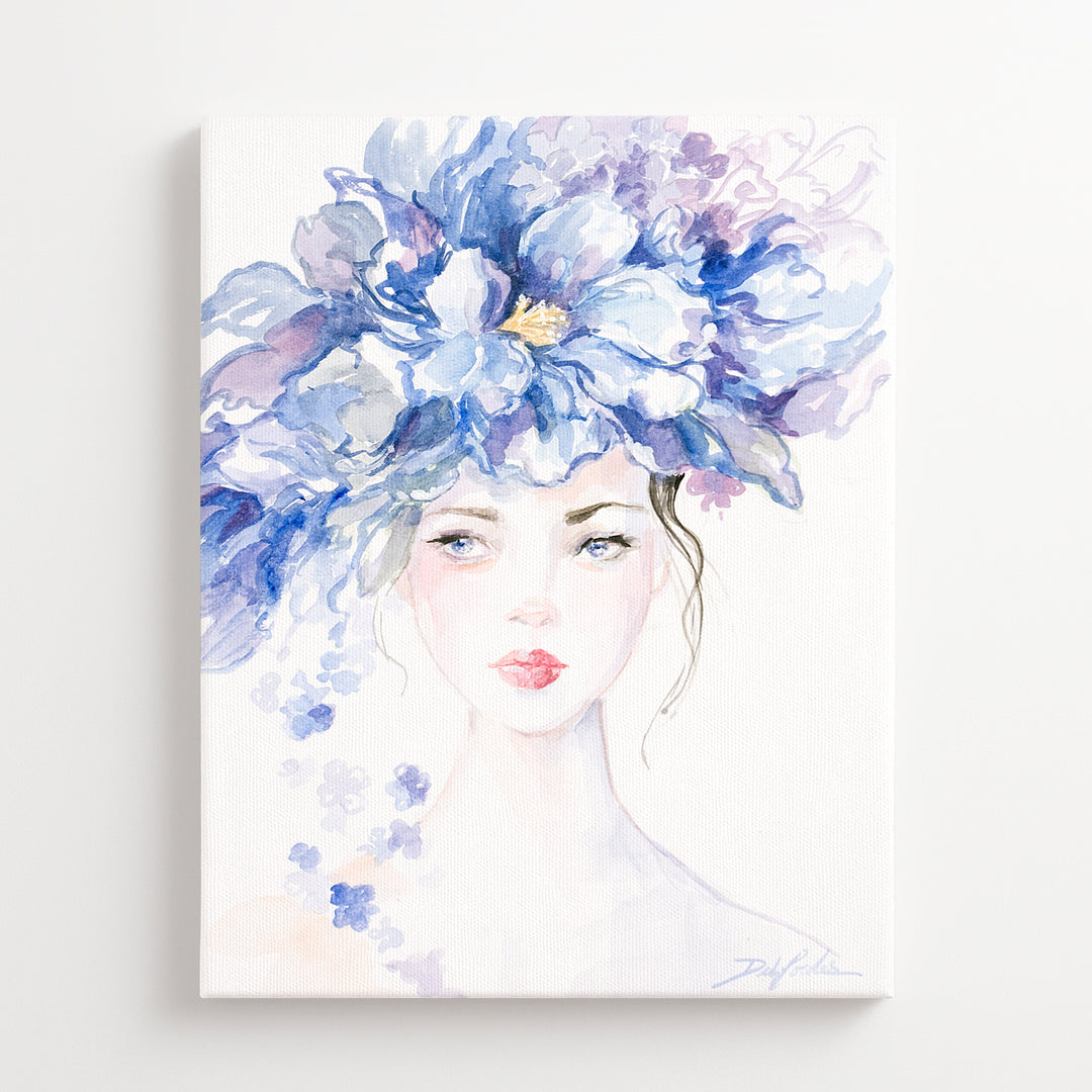 Artistic depiction of a woman with a blue floral headpiece on a white background